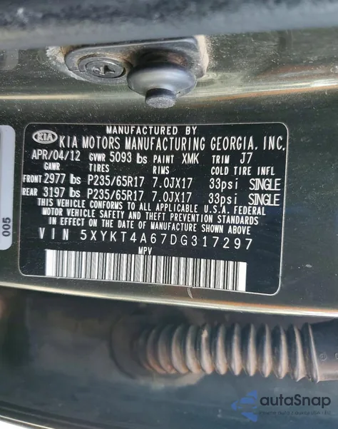 2013 Kia Sorento Lx из США, поврежденный, VIN 5XYKT4A67DG317297